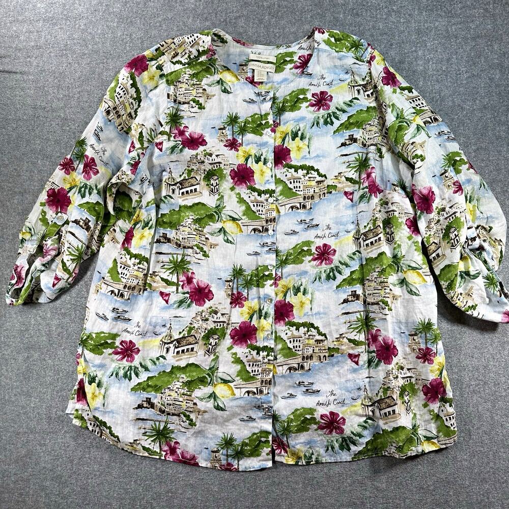 Cynthia Rowley 3X 100% Linen Amalfi Coast Tunic Shirt Floral Lemon Button Up